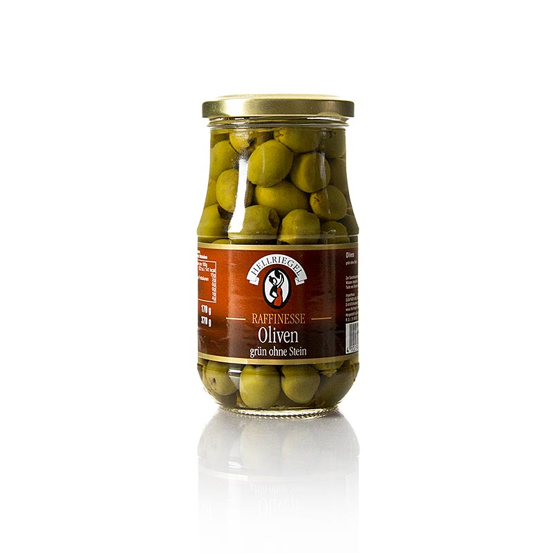 Olives vertes dénoyautées en saumure, 370 g - Idéales pour décorer les plats froids et les sauces piquantes, elles accompagnent volontiers les spécialités des pays méditerranéens.
