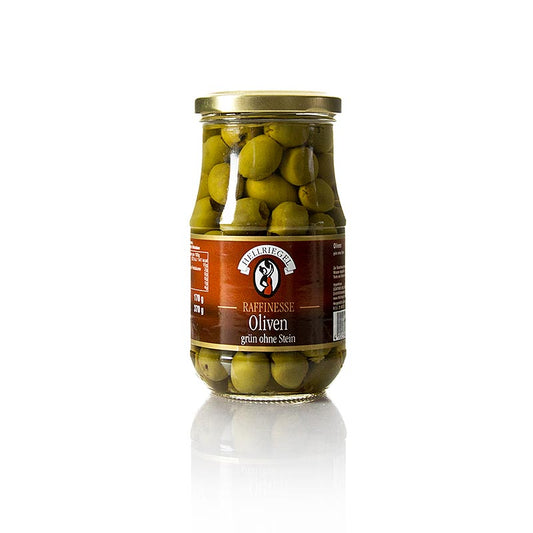 Olives vertes dénoyautées en saumure, 370 g - Idéales pour décorer les plats froids et les sauces piquantes, elles accompagnent volontiers les spécialités des pays méditerranéens.