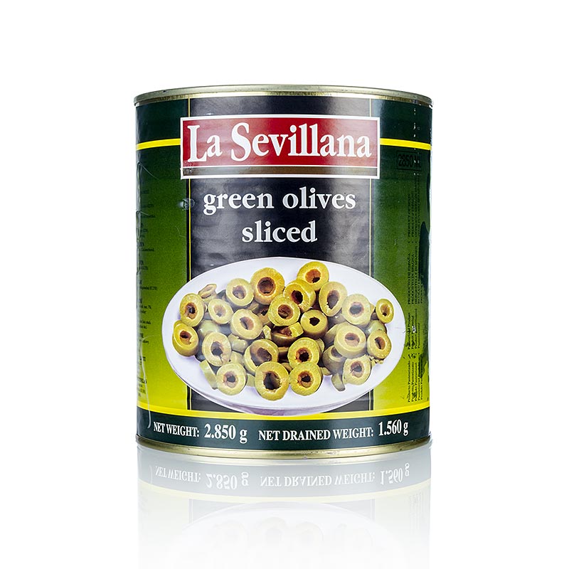 Olives vertes coupées en rondelles et conservées en saumure, parfaites pour les salades, les pâtes et les pizzas.