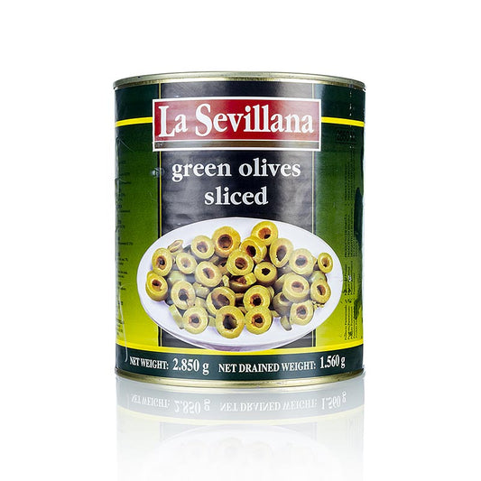Olives vertes coupées en rondelles et conservées en saumure, parfaites pour les salades, les pâtes et les pizzas.