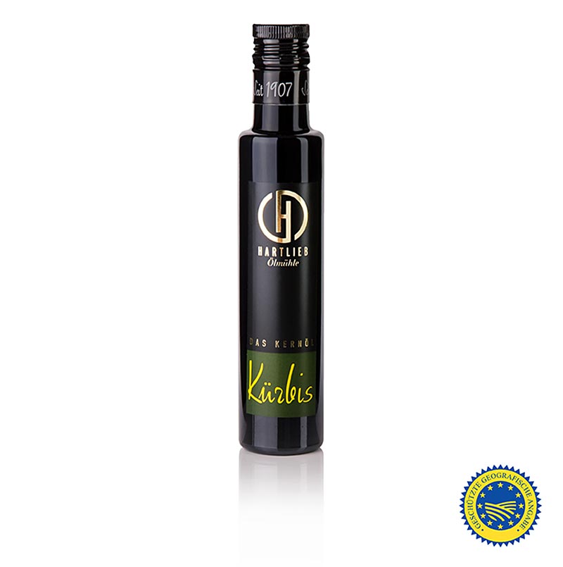 Huile de pépins de courge de Styrie IGP, 100% pure, Hartlieb, 250 ml - Huile de pépins de courge de haute qualité, au parfum intense, fabriquée à partir de pépins de courge finement hachés, grillés et pressés, idéale pour les soupes, les salades, les desserts et bien plus encore.