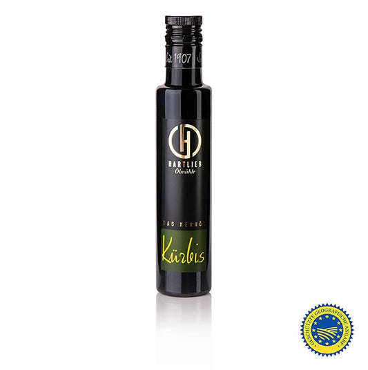 Huile de pépins de courge de Styrie IGP, 100% pure, Hartlieb, 250 ml - Huile de pépins de courge de haute qualité, au parfum intense, fabriquée à partir de pépins de courge finement hachés, grillés et pressés, idéale pour les soupes, les salades, les desserts et bien plus encore.