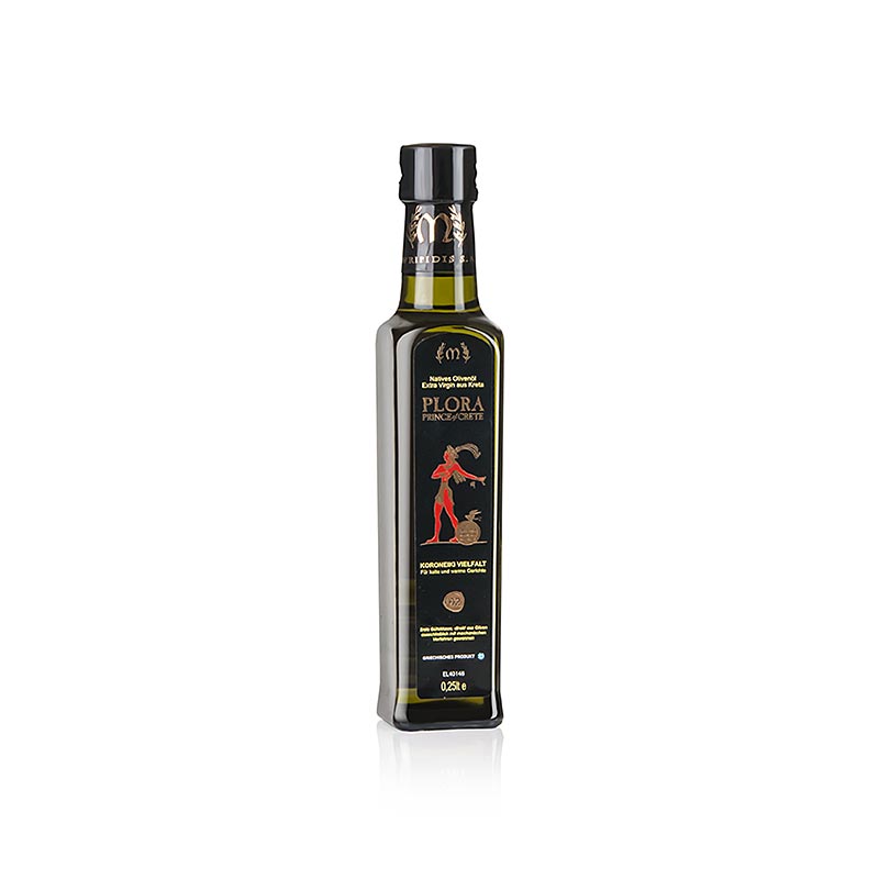 Bouteille d'huile d'olive vierge extra Plora Prince of Crete de Crète, 250 ml, produite à partir d'olives Koroneiki soigneusement récoltées, pressée à froid et polyvalente pour les vinaigrettes, les marinades et les antipasti.