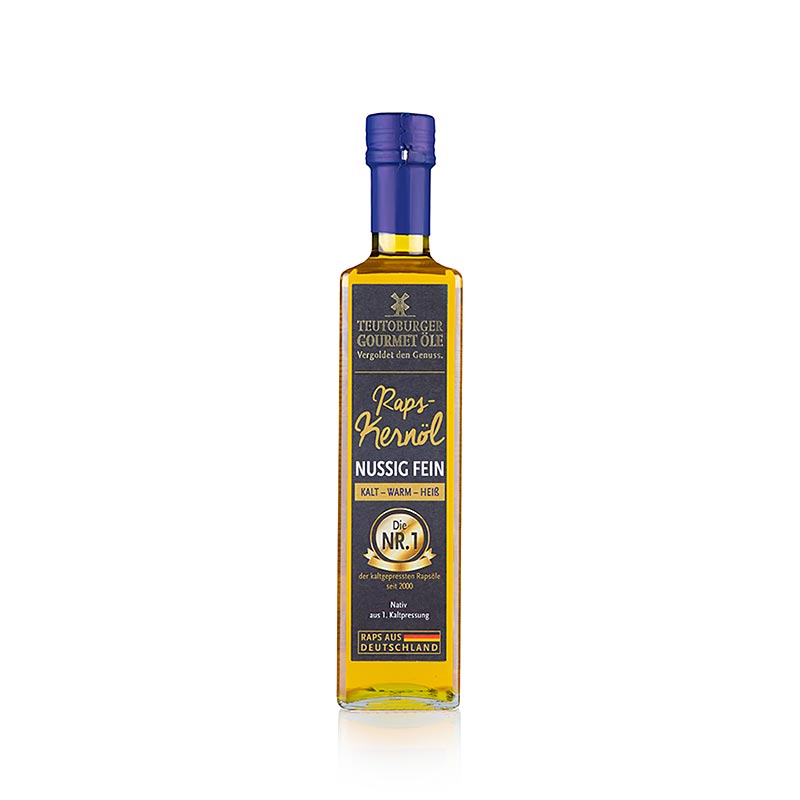 Huile de colza, pressée à froid, à partir de graines de colza décortiquées, Teutoburger Ölmühle, 500 ml - Huile de haute qualité, douce et finement noisettée, obtenue avec ménagement à partir de graines de colza non génétiquement modifiées, idéale pour les plats froids et chauds, résistante à la chaleur, convient également pour la cuisson.
