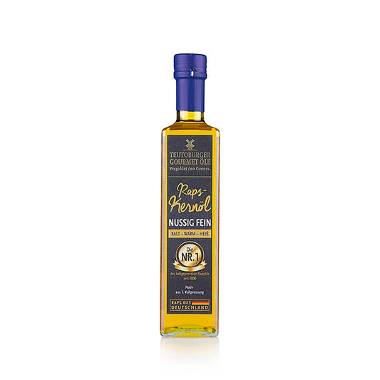 Huile de colza, pressée à froid, à partir de graines de colza décortiquées, Teutoburger Ölmühle, 500 ml - Huile de haute qualité, douce et finement noisettée, obtenue avec ménagement à partir de graines de colza non génétiquement modifiées, idéale pour les plats froids et chauds, résistante à la chaleur, convient également pour la cuisson.