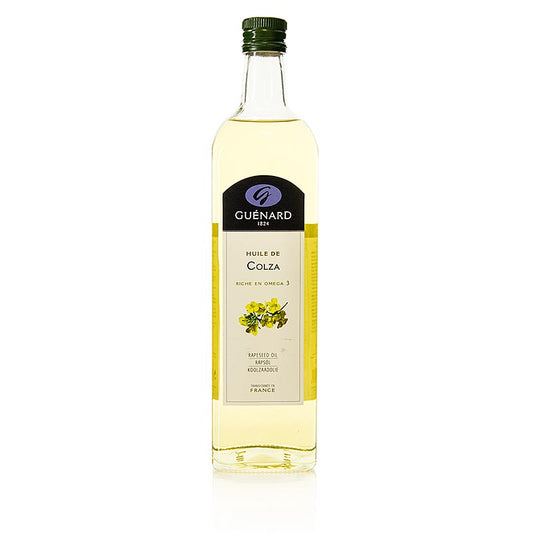 Huile de colza Guénard, 1 l - Huile jaune miel intense au goût prononcé de noisette, idéale pour les vinaigrettes, les crudités et les dips, fabriquée à partir de graines de colza.