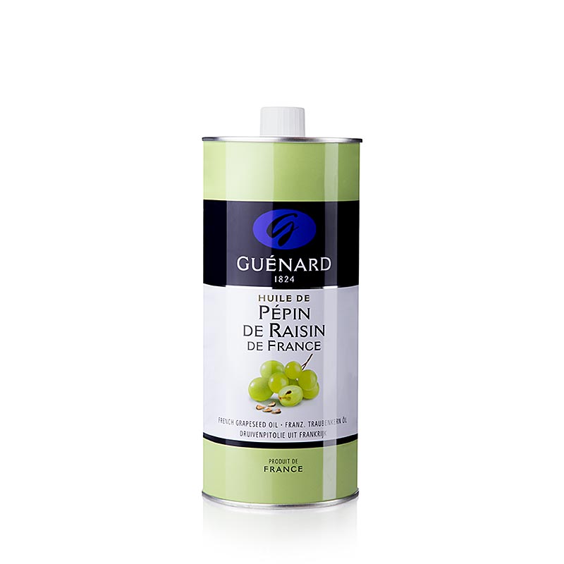 Huile de pépins de raisin Guénard, 1 l - Huile à haute température, douce, au goût de noisette et d'épices, idéale pour la cuisson des poissons ou des volailles et pour les salades.