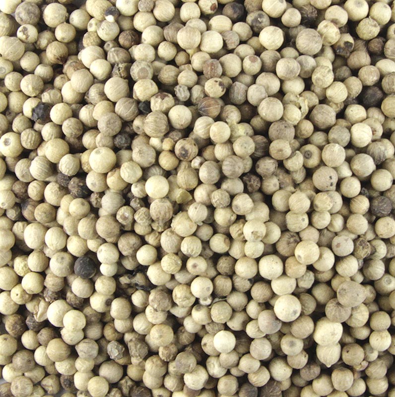 Poivre blanc, entier, 1 kg - Plus fort et moins aromatique que le poivre noir, idéal pour assaisonner les sauces claires, les soupes, les bouillons, le poisson, la viande, les aspics, les rôtis et le veau.