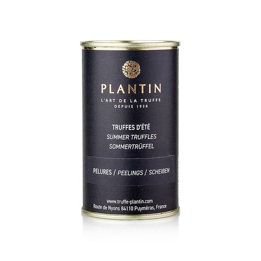 Truffes d'été Pelures, coquilles/disques de truffes, au jus de truffes, Plantin, 105 g : coquilles de truffes d'été cuites dans du sel et du jus de truffes, parfaites pour aromatiser les sauces Il est recommandé de les faire revenir dans de l'huile d'olive avant utilisation.