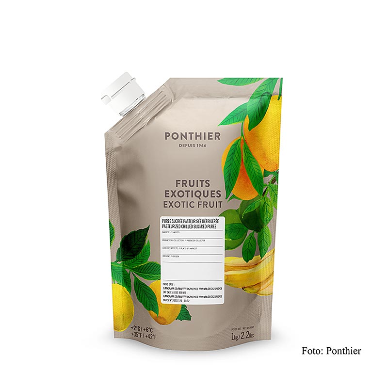 Purée de fruits Mélange exotique de Ponthier, couleur intense et goût authentique, parfait pour les tartes, les pâtisseries, les desserts ou les glaces Fabriqué à partir de mangue, banane, maracuja et citron vert