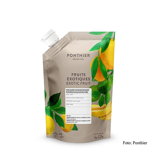 Purée de fruits Mélange exotique de Ponthier, couleur intense et goût authentique, parfait pour les tartes, les pâtisseries, les desserts ou les glaces Fabriqué à partir de mangue, banane, maracuja et citron vert