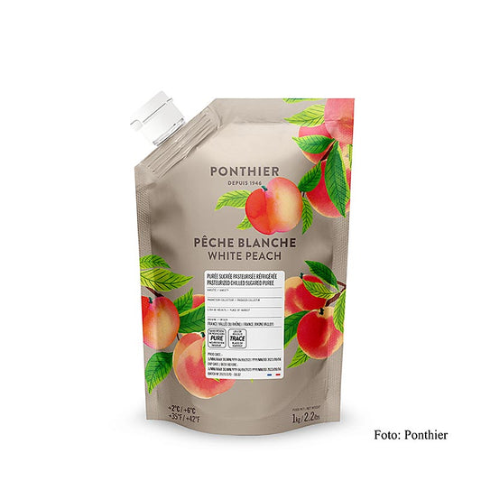 Purée de fruits Pêche blanche au sucre, 1 kg - Une couleur intense et un goût authentique pour une cuisine raffinée Idéal pour les tartes, les pâtisseries, les desserts ou les glaces Variété de fruits à noyau aromatique et juteuse