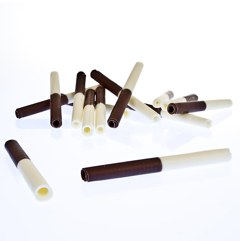 Cigarettes au chocolat en feuilles très fines enroulées avec le meilleur chocolat blanc et au lait, 85mm de long