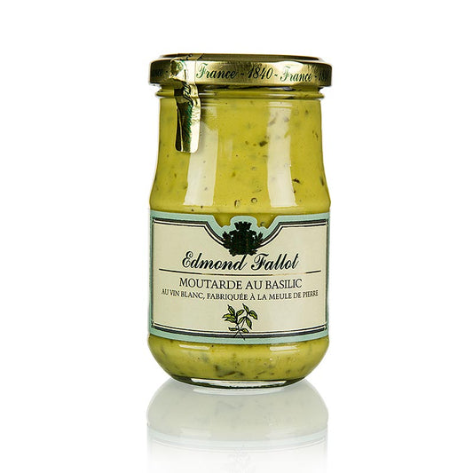 Fallot - Moutarde fine au basilic, 190 ml : Moutarde de Dijon classique au goût frais et prononcé de basilic et à l'arôme agréable.