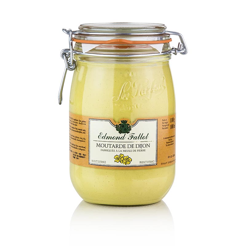Bocal d'un litre de moutarde Fallot de Dijon, fine et épicée, indispensable pour les cuisiniers amateurs et professionnels