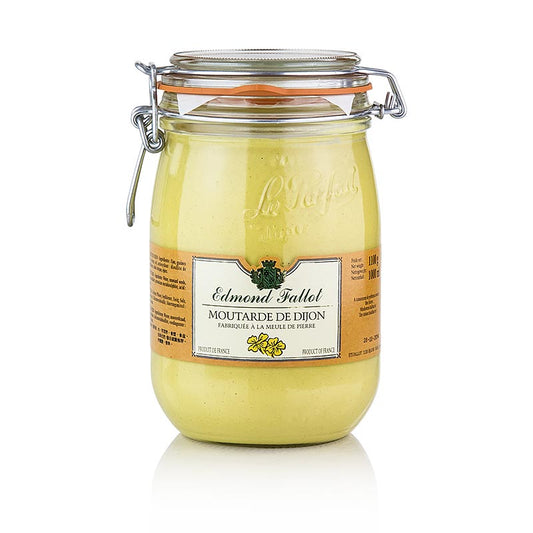Bocal d'un litre de moutarde Fallot de Dijon, fine et épicée, indispensable pour les cuisiniers amateurs et professionnels