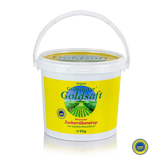 Zuckerrübensirup - Zuckerrübenkraut, Grafschafter Goldsaft, ggA, 5 kg : Sirop sucré et épicé de betteraves sucrières, idéal pour les biscuits de Noël et comme pâte à tartiner, apprécié en Rhénanie pour différents plats, également disponible en 2 kg et 405g