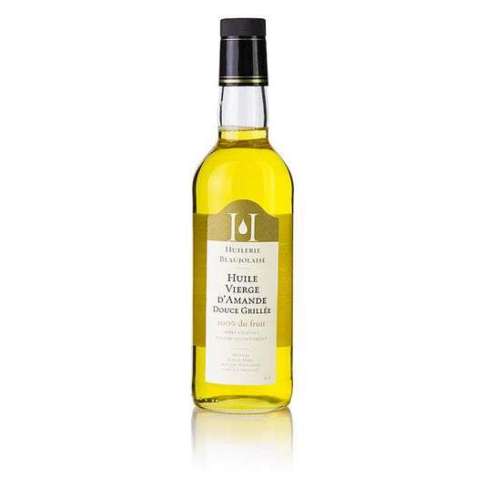 Huile d'amande grillée de l'Huilerie Beaujolaise, douce et légèrement parfumée, parfaite pour les marinades et pour agrémenter les plats de poisson et de pâtes.