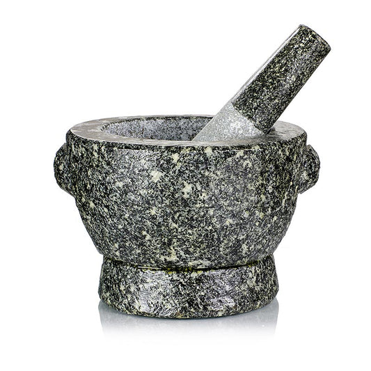 Mortier en pierre en granit, diamètre extérieur 16,5 cm, intérieur 12 cm, hauteur 11 cm, poids 4 kg Idéal pour piler et broyer des herbes fraîches et sèches, des épices et des graines dans la cuisine professionnelle Le bol à râper et le pilon sont légèrement rugueux pour un développement maximal des arômes