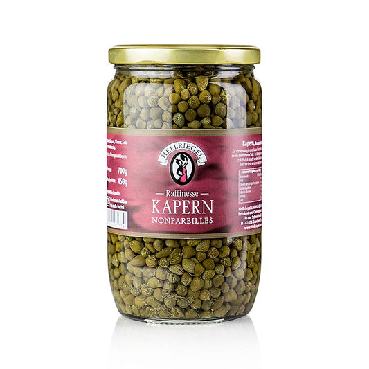 Câpres Nonpareilles, ø 8mm, Rafinesse, 700 g - Boutons floraux marinés au goût épicé, légèrement amer et légèrement piquant, idéal en accompagnement de mayonnaises, salades, sauces froides et dans les plats méditerranéens