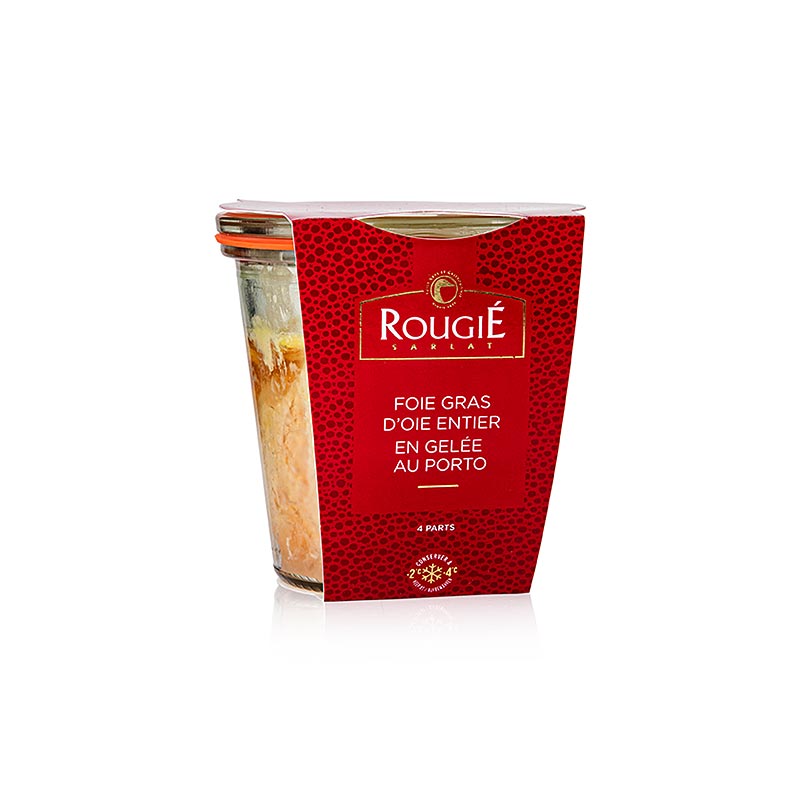 Morceaux de foie gras entiers en gelée de porto, marinés, cuits et prêts à être servis réfrigérés