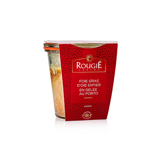 Morceaux de foie gras entiers en gelée de porto, marinés, cuits et prêts à être servis réfrigérés