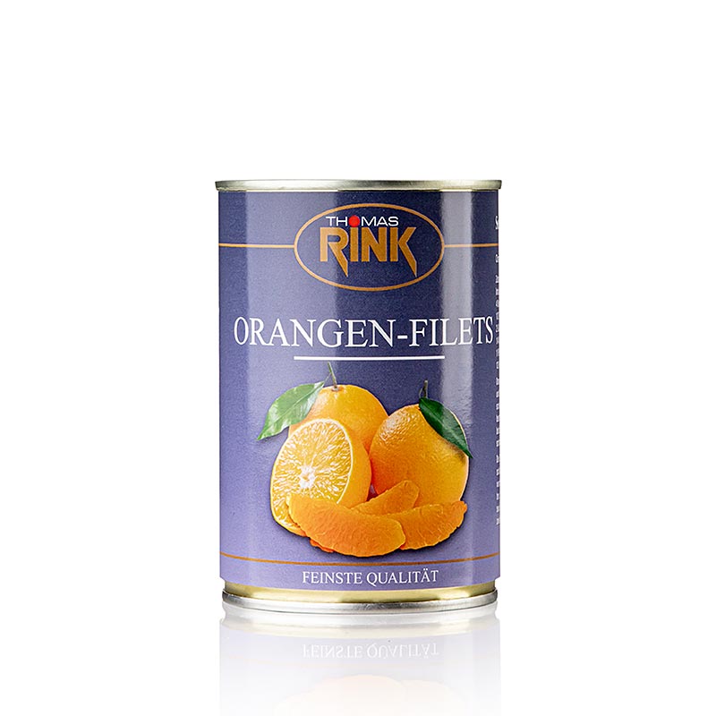 Filets d'orange - segments calibrés, légèrement sucrés, 425 g - produit de haute qualité de Thomas Rink pour des applications professionnelles en cuisine Convient pour garnir et décorer les tartes, les desserts, les crèmes glacées et les salades de fruits Disponible également en boîte de 2,650 kg