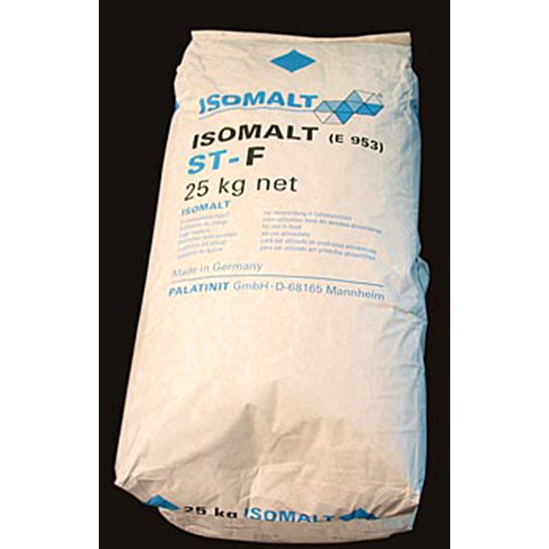 Succédané de sucre isomalt fin à faible index glycémique et deux fois moins calorique que le sucre, idéal pour la fabrication de sorbets, mousses et gâteaux, en paquet de 25 kg