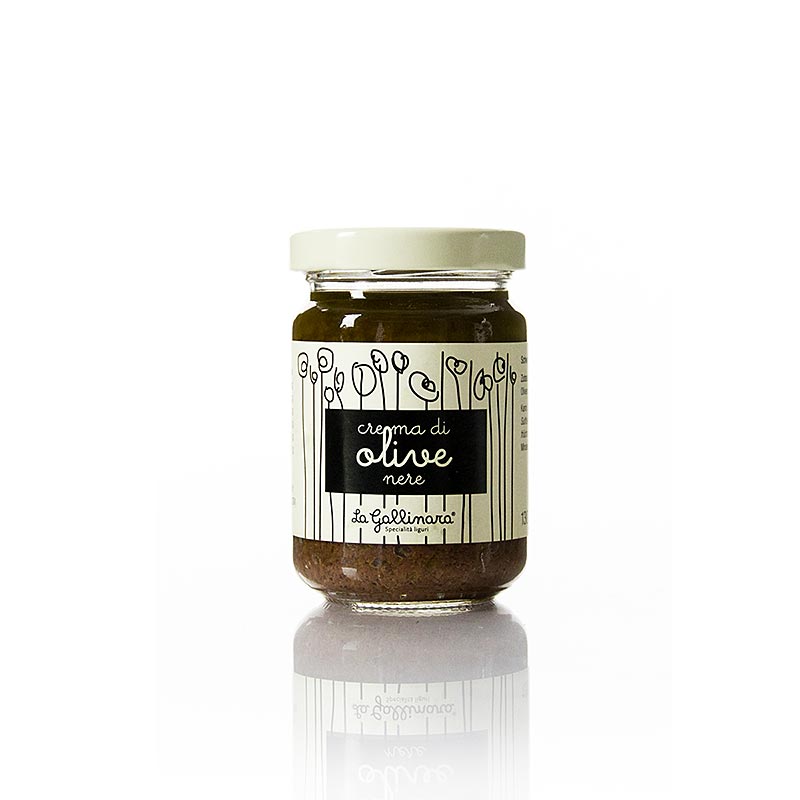 Image d'une crème d'olives noires de La Gallinara, 130 g, fabriquée à partir d'olives, d'huile d'olive et d'une pincée de sel, polyvalente pour assaisonner les plats ou pour tremper le pain, au goût doux mais puissant, idéale pour les salades, les pâtes, la viande ou le poisson.