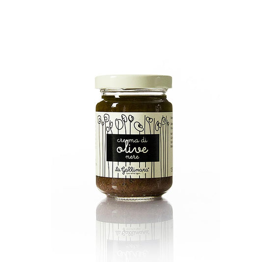 Image d'une crème d'olives noires de La Gallinara, 130 g, fabriquée à partir d'olives, d'huile d'olive et d'une pincée de sel, polyvalente pour assaisonner les plats ou pour tremper le pain, au goût doux mais puissant, idéale pour les salades, les pâtes, la viande ou le poisson.