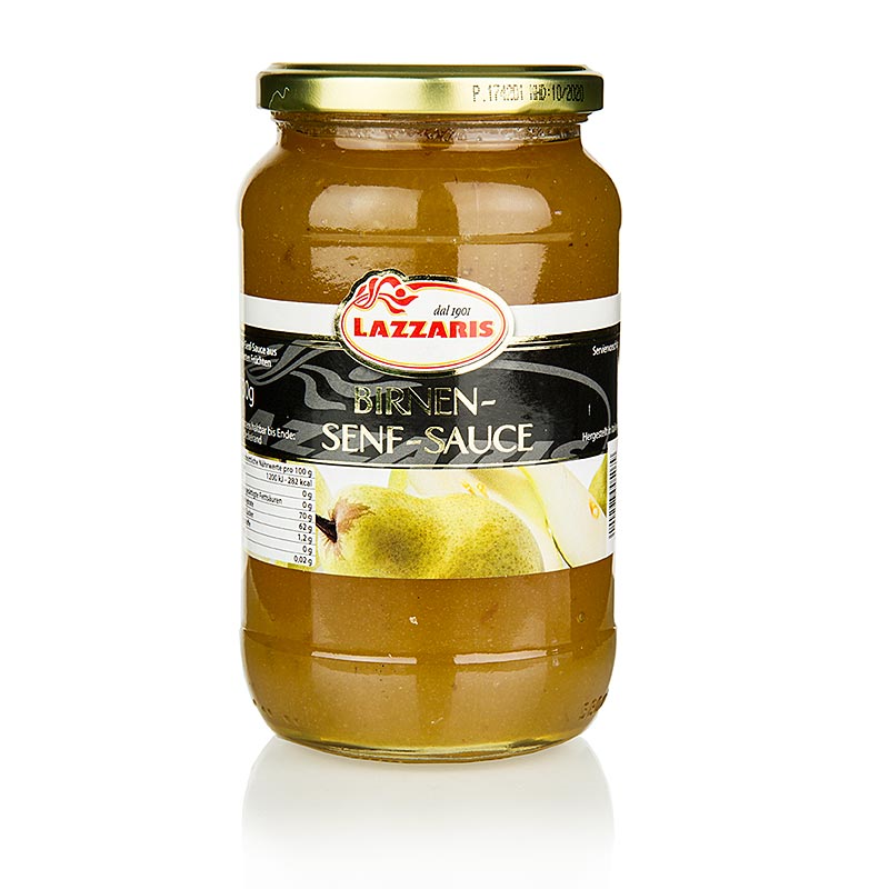Sauce aux poires et à la moutarde, goût intensément doux et piquant, idéale pour le fromage, le jambon, le gibier et les rôtis, accompagne parfaitement les plats froids, les sauces et les salades