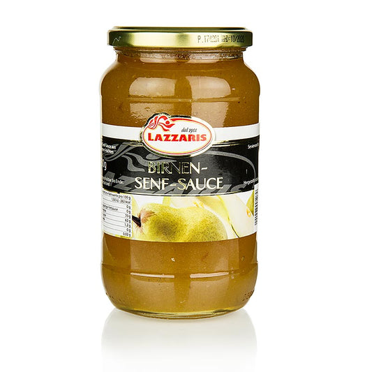 Sauce aux poires et à la moutarde, goût intensément doux et piquant, idéale pour le fromage, le jambon, le gibier et les rôtis, accompagne parfaitement les plats froids, les sauces et les salades