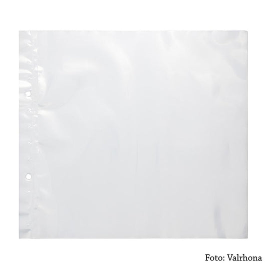 Valrhona Guitare Feuilles, Feuilles à mouler, 38x38cm, 100µ, 100 pcs - Description : le chocolat est étalé uniformément sur la feuille pour faire des Choco-Rolls
