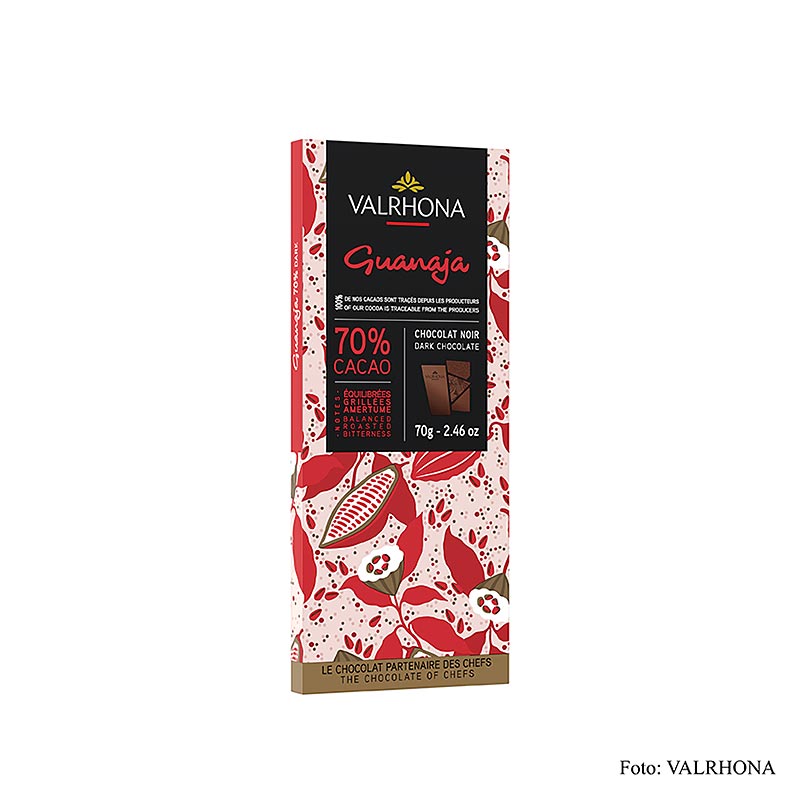 Valrhona Guanaja - chocolat amer aux nibs de cacao, 70% de cacao, 70 g - noble amertume et élégance, fines notes amères, plénitude aromatique et notes chaudes, parfaite petite attention