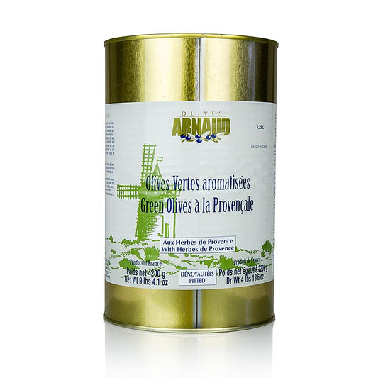 Olives vertes dénoyautées aux herbes de Provence conservées dans de l'huile de graines de tournesol