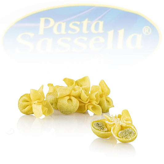Fagotti frais (bourse) à la roquette, à la ricotta et au grana padano, Sassella, 500 g - pâtes faites maison avec une délicieuse farce au fromage frais, à la roquette et au grana padano, parfaites pour une sauce au fromage et à la crème