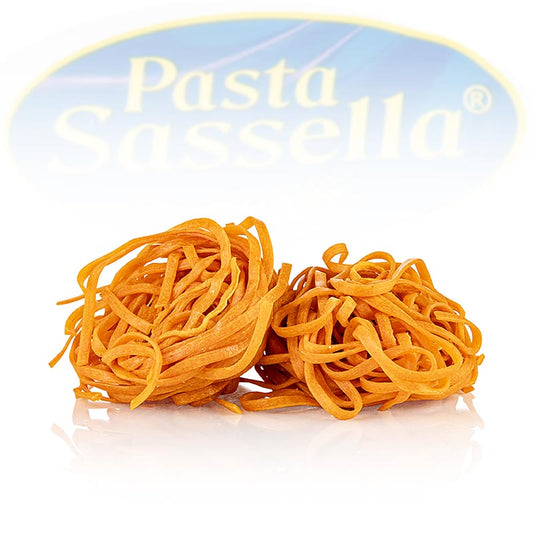 Tagliarini frais à la tomate, rouge, tagliatelles, 3mm, Sassella, 500 g - Pâtes faites maison de haute qualité, idéales pour les sauces fromage-crème, bolognaise ou tomate