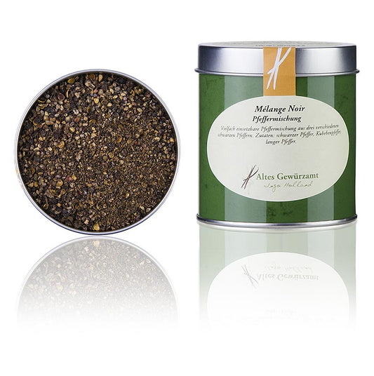 Mélange d'épices au poivre Melange Noir, Altes Gewürzamt, 80 g - Mélange finement concassé de poivre de Malabar, de poivre de Kubeben et de poivre long, idéal pour l'agneau, les steaks, les grillades et les gros morceaux de rôti d'agneau, de gibier et de bœuf Également parfait sur la tomate et la salade !