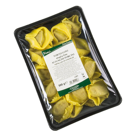 Tortelloni frais à l'œuf farcis à la ricotta et aux cèpes, Viveri, 500 g - Délicieux tortelloni farcis préparés avec de la ricotta et des cèpes, parfaits pour être cuits dans de l'eau chaude et servis avec une délicieuse sauce au fromage et à la crème
