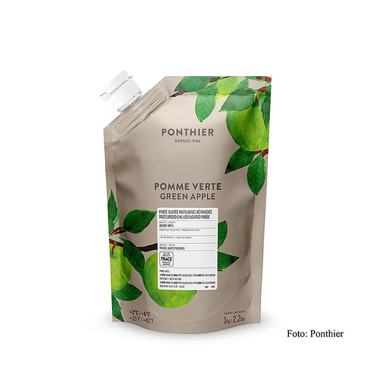 Purée de pommes vertes fruitée avec un soupçon de sucre, idéale comme dessert ou accompagnement de plats de viande et de poisson, conditionnée dans un 1 kg pratique de 1 kg