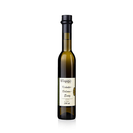 Vinaigre balsamique aux herbes, 5% d'acidité, 250 ml - Vinaigre de qualité supérieure à base de vin blanc, aromatisé avec 25 herbes et épices différentes, transformé en une création de vinaigre équilibrée et douce, parfaite pour les huiles d'olive, les salades et les sauces claires.