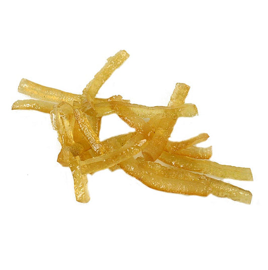 Zestes de citron confits de Corsiglia Facor, de haute qualité et authentiques en goût et en couleur, garniture parfaite pour les tartes, les desserts, les glaces et la crème.
