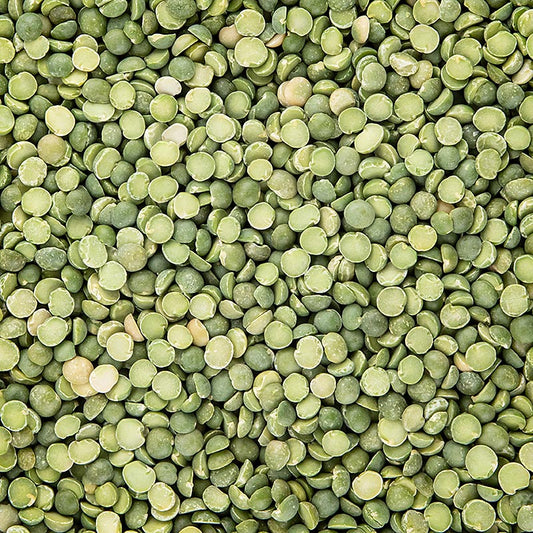 Pois verts séchés et coupés en deux, parfaits pour les ragoûts et les soupes, avec un temps de cuisson de 45-60 minutes