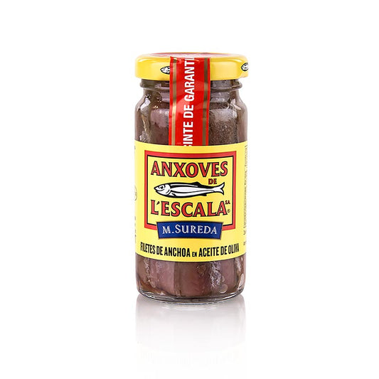 Filets d'anchois de qualité supérieure, à l'huile d'olive, L'Escala, 100 g : Les filets d'anchois les plus fins préparés de manière artisanale, une entrée délicieuse Goûtez les anchois doux sur du pain grillé avec de fines tranches de dattes