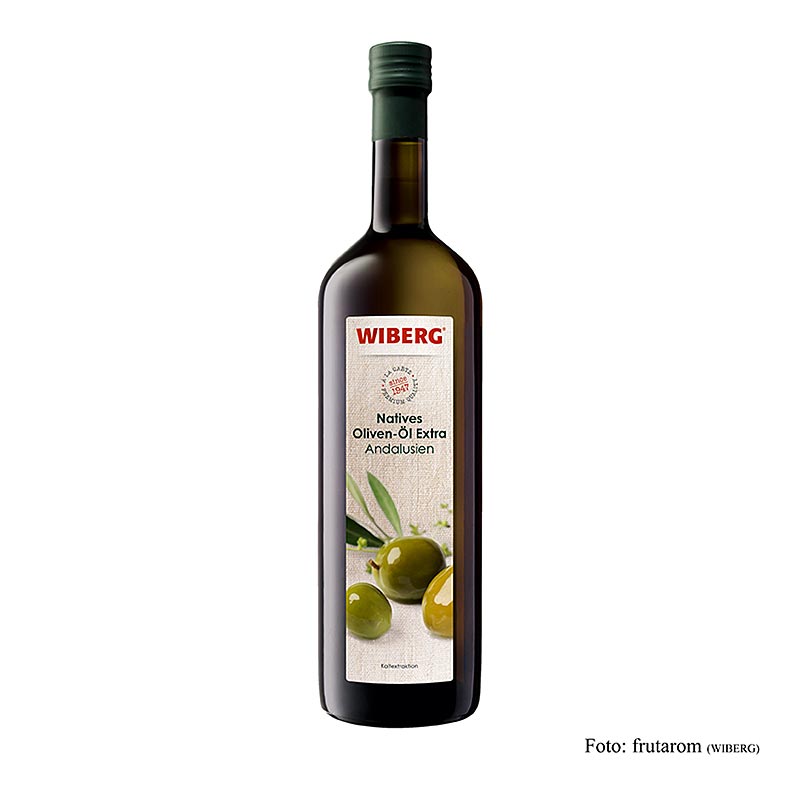 Bouteille d'huile d'olive vierge extra Wiberg, extraction à froid, Andalousie, 1 l, qui est pressée à froid et a un goût fruité et puissant, idéal pour les salades, les marinades et les cuissons courtes de poissons, volailles et viandes.