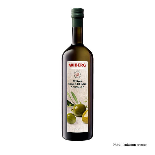 Bouteille d'huile d'olive vierge extra Wiberg, extraction à froid, Andalousie, 1 l, qui est pressée à froid et a un goût fruité et puissant, idéal pour les salades, les marinades et les cuissons courtes de poissons, volailles et viandes.