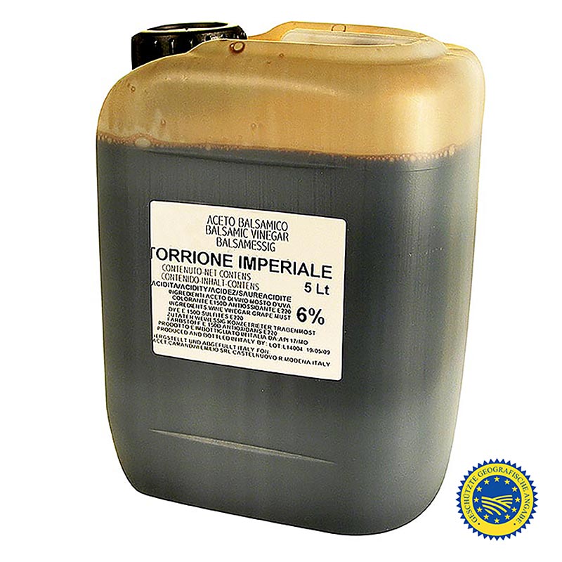 Grande bouteille de Carandini Aceto Balsamico di Modena ggA, 2 ans, Riserva Speciale (Imperiale), 5 l, Aceto Balsamico moyennement jeune avec une forte acidité et une forte note balsamique pour les vinaigrettes et pour déglacer les plats, un Aceto Balsamico polyvalent avec un très bon rapport qualité-prix