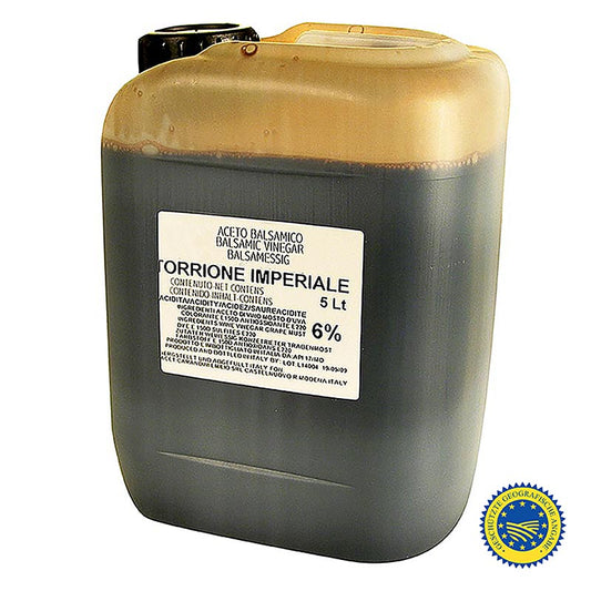 Grande bouteille de Carandini Aceto Balsamico di Modena ggA, 2 ans, Riserva Speciale (Imperiale), 5 l, Aceto Balsamico moyennement jeune avec une forte acidité et une forte note balsamique pour les vinaigrettes et pour déglacer les plats, un Aceto Balsamico polyvalent avec un très bon rapport qualité-prix