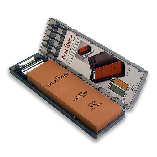 Pierre à aiguiser à eau de grain 1000 pour couteaux, fabriquée au Japon, support en plastique inclus - idéale pour les couteaux de cuisine et de loisirs, référence 460, dimensions : 180 x 60 x 20 mm