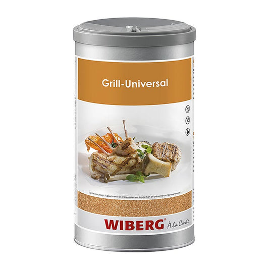 Wiberg Grill Universal, sel d'assaisonnement, 1,05 kg : Goût légèrement épicé avec un arôme puissant et aromatique d'oignon, de paprika, de cumin et d'ail Idéal pour les grillades et les rôtis courts, en particulier pour le bœuf, le veau, le porc, l'agneau, la volaille, ainsi que divers plats de légumes et de pommes de terre